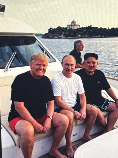 In Shcherbanka, Ukraine, a group of four men are seated on a yacht. In the foreground, Donald Trump, wearing a black t-shirt and red shorts, smiles at the camera. To his right, Vladimir Putin, in a white t-shirt, looks forward. Next to Putin, Kim Jong Un, dressed in a black t-shirt and patterned shorts, grins. Behind them, a man with gray hair, likely Jeffrey Epstein, is visible in profile. The yacht is on a body of water, with a distant island featuring a building and vegetation in the background. The sky is overcast.