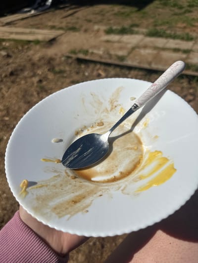 The image depicts a white, scalloped-edge plate with remnants of food, including a smear of yellow and a ring of brown, presumably from a finished meal. A silver spoon with a white floral-patterned handle rests on the plate. The plate is held by a person, as indicated by the presence of a forearm clad in a pink, ribbed sweater. The background is blurred, suggesting an outdoor setting with brown and green hues. There is no information about the city of Черёмушки, Russia, in the image.