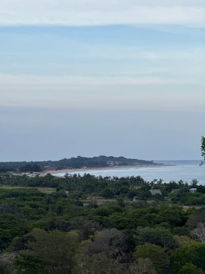 This media file depicts a serene coastal landscape, likely Shastrawela, Sri Lanka. The scene is dominated by a wide expanse of pale blue sky, gradually transitioning into a hazy, overcast sky towards the horizon. Below the sky, a calm, pale blue ocean meets a long, sandy beach. The beach is backed by a dense, lush green forest that covers a sloping terrain. Scattered amongst the trees are a few small structures, possibly huts or bungalows, with thatched roofs, suggesting a secluded resort or village.

The image appears to have been taken during the daytime, under cloudy or hazy conditions, which contribute to the soft, diffused light and muted colors. There are no people or specific activities visibly captured in the frame, emphasizing the tranquility and natural beauty of the location. The overall impression is one of peace and untouched nature. The perspective suggests the photo was taken from an elevated viewpoint, looking down over the coastline and the forest.