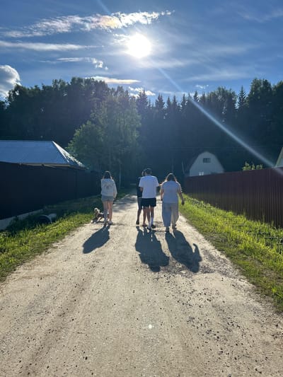 In the rural setting of Слава Снт, Russia, a group of four individuals, accompanied by a small dog, are walking away from the camera on a dirt road. The sun is high in the sky, casting long shadows. The road is flanked by lush green grass and bordered by wooden fences on both sides. In the background, dense trees form a natural wall, and several houses are visible. The sky is a vibrant blue, with scattered clouds and visible sun rays.