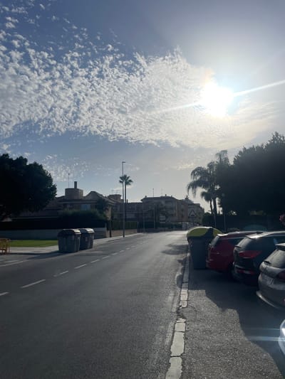 This image captures a street scene in Canet d'en Berenguer, Spain, on a bright, sunny day. The sun is high in the sky, creating a strong lens flare and casting long shadows, indicating it is likely late morning or early afternoon. The sky is a clear blue, populated by scattered, wispy white clouds.
The street itself is asphalt with a white line marking the edge. Several cars are parked along the side of the road, including a red one with a yellow accent and a silver one. There are also two large gray trash bins visible near the sidewalk.
The background features a row of buildings, appearing to be residential or perhaps small hotels, with multiple stories and balconies. Lush green trees and palm trees are interspersed among the buildings, adding to the Mediterranean feel of the location. A lamppost stands on the sidewalk, and a road sign with a yellow triangle is also visible.
The overall impression is one of a quiet, sunny day in a coastal Spanish town. No people are visible in the frame, and the scene feels tranquil. The image is oriented vertically, making the sky and sun the dominant elements on the left, and the street and parked cars on the right.