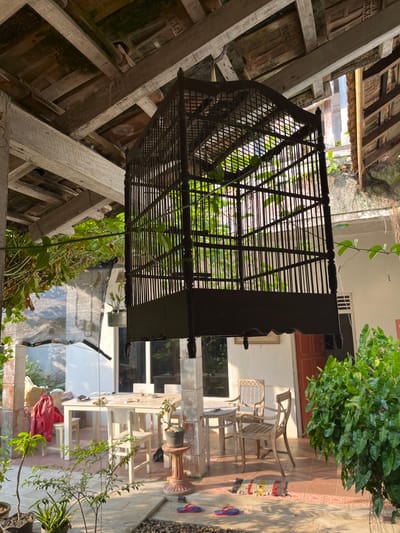 An outdoor seating area is depicted in Karangkebagusan, Indonesia, under a traditional wooden roof. A large, dark birdcage hangs from the ceiling, filled with lush green plants. In the background, a white dining table with chairs is set up, with a red jacket draped over one chair. Several potted plants are scattered throughout the scene, and a large, leafy green shrub is visible on the right side. The tiled floor is partially covered with a small mat and a pair of flip-flops. Sunlight streams in, casting shadows and highlighting the textures of the wooden beams and greenery.