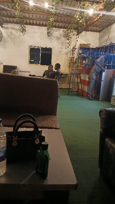 A casual indoor scene features a table with a water bottle and black equipment. Behind it, a brown upholstered seat faces a wall with windows and a pair of people. Strings of lights and foliage adorn the ceiling. Another person stands, reaching upward in the background. A section of green artificial turf lies underfoot.