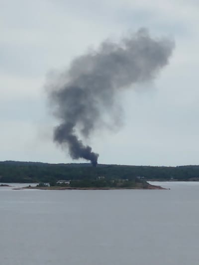 A plume of dark grey smoke billows upwards against a pale, overcast sky. The smoke originates from a cluster of buildings situated on a small, tree-covered island. The island is surrounded by calm, grey water, and the shoreline is dotted with green trees. The overall scene suggests a fire or industrial activity on the island.