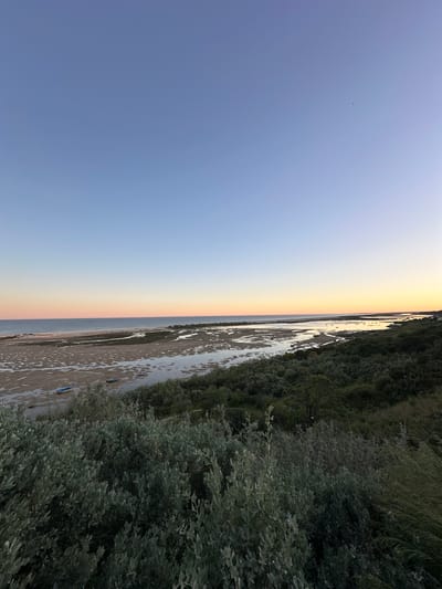 The image shows a landscape with a clear blue sky blending into a gradient of orange and yellow towards the horizon. Adjacent to the sky is a strip of land with a beach, tidal pools reflecting the sky, and sparse vegetation. Two boats are visible on the beach. The land is fringed by dense green vegetation and trees. The photo appears to be taken at or near Vila Real de Santo António, Portugal, considering the coastal environment and vegetation typical of the Algarve region.