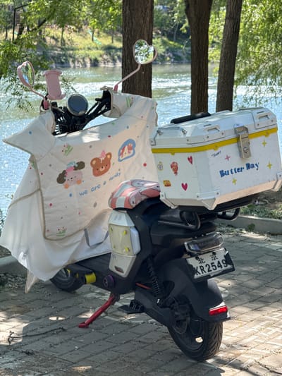 The image depicts a parked electric scooter in an outdoor setting. A white storage box labeled "Butter Day" is mounted on the scooter's rear. A patterned cloth with cartoon animals covers the scooter's front. The scooter has pink heart-shaped mirrors, a mobile phone holder, and a license plate reading "KR2549" with Chinese characters indicating Beijing. The scooter is parked on a paved surface next to a body of water and trees. The location is likely in Changping District, China, based on the license plate information.