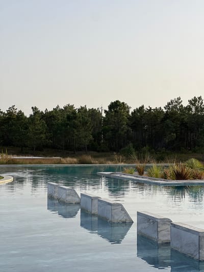 The image displays an outdoor, serene landscape in Aljezur, Portugal, dominated by a large, tranquil body of light blue-green water, likely an artificial pool or extensive water feature. In the foreground, four light grey, marble-patterned stone or concrete blocks are partially submerged, appearing as architectural elements or steps, each with a vertical front face and a sloped top surface extending towards the right. Further back within the water, an elongated, rectangular island-like planter contains several clumps of green and reddish-brown spiky ornamental grasses. A curved, light-colored edge of a water feature is visible on the far left. The background features a dense, dark green forest composed primarily of tall coniferous trees, separated from the water by a strip of light brown, dry vegetation. Faint vertical utility poles are discernible above the treeline on the right. The sky is a uniform, pale, light grey, indicating overcast conditions or diffused light. No individuals or active subjects are present.