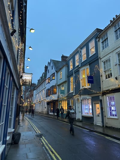 The image depicts a narrow street or alleyway lined with multi-story buildings under a clear, dark blue sky, suggesting dusk or early evening. The street appears wet, with reflections of light on its surface.
On both sides of the street, traditional-style buildings rise upwards. The buildings on the left feature facades that are a mix of light cream/yellowish and darker grey/blue, with numerous rectangular windows, many of which are illuminated from within. A dark blue sign with white lettering displaying "Ashtons" is visible on one of these buildings. String lights with small, warm-toned bulbs are strung across the street, connecting the buildings and adding a festive ambiance. Several wall-mounted light fixtures with a yellowish-green glow are attached to the buildings on the left side, closer to the foreground.
The street itself is paved and appears damp, reflecting the lights from the buildings and the string lights. Double yellow lines are painted along the right edge of the street. Several individuals are visible on the street. In the mid-ground, a person wearing a light-colored backpack and dark clothing walks away from the viewer. Further down the street, more indistinct figures can be seen.
On the right side of the street, the buildings continue the architectural style seen on the left, with illuminated windows and storefronts. One shop sign on the right building is partially visible, reading "Stone Co.". Another larger, dark sign or banner hanging across the street displays the partial text "IN THE RO...". The overall atmosphere is quiet and illuminated, typical of an urban street scene at night or early evening.