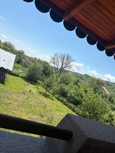 This media file presents a panoramic view of a rural landscape, likely captured from a raised vantage point such as a balcony or porch, with an unusual upward and sideways angle.
In the immediate foreground, to the upper left, is the underside of a wooden roof or overhang, featuring decorative scalloped edges and exposed wooden beams. To the right, a sturdy support structure is visible, made of textured grey tiles with an irregular pattern, alongside a dark, cylindrical pole or railing.
The central and lower portions of the image showcase a sloping grassy field or yard. Several trees are scattered across this area, including a prominent, tall deciduous tree completely devoid of leaves, contrasting with other trees that are lush with green foliage. Further into the midground, nestled among dense greenery, is a house with a reddish-brown roof, situated on a distant forested hillside that dominates the background. Another structure with a corrugated metal roof is partially visible in the lower-left.
The sky, filling a significant part of the frame, is a vibrant blue with scattered white, puffy cumulus clouds. The scene is brightly lit by natural sunlight, indicating a clear, sunny day, likely late morning or early afternoon, with discernible shadows on the grass and beneath the architectural elements. The mix of bare and leafy trees could suggest early spring or late autumn, or simply a dead tree within an otherwise verdant landscape. No people or visible text are present. The setting evokes a sense of tranquil, natural beauty in a countryside environment.