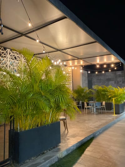 An outdoor space is lit by string lights hanging from a building's angled roof structure. Green palm trees decorate the patio, adjacent to seating areas with tables and chairs. A decorative wall is present to the left side. A strip of artificial turf runs along the right side of the walkway. The scene gives off an ambient, modern, and relaxed atmosphere.