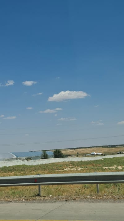 This is a vertical, eye-level, medium shot photograph taken from a vehicle. The scene depicts a rural landscape in Chubarsu, Kazakhstan, on a clear, sunny day.
In the foreground, a gray metal guardrail is prominently featured, running horizontally across the lower portion of the image. The guardrail is supported by vertical posts. A red arrow marker is visible on the guardrail. The ground beneath and in front of the guardrail consists of dry grass and dirt.
Beyond the guardrail, a white concrete wall extends horizontally, separating the foreground from the middle ground. Behind this wall, a large, white, greenhouse-like structure with a transparent or translucent roof is visible on the left. To the right of the greenhouse, there are several trees.
The middle ground transitions into fields of dry, golden-brown crops. A few buildings, appearing to be houses or farm structures with white roofs, are scattered throughout this area. Utility lines stretch across the landscape in the distance.
The background is dominated by a vast, clear blue sky with a few scattered white clouds. The overall impression is one of an open, agricultural area under a bright sky. There are no people or animals visible in the frame.