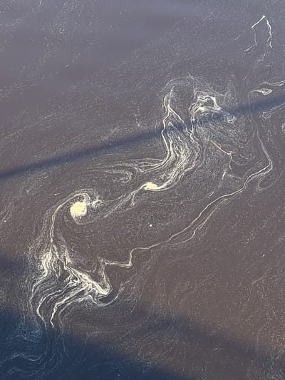 The image depicts a body of water, possibly a river or lake, with a dark surface covered in swirling patterns of light-colored material, potentially pollen or algae bloom. The patterns are concentrated in the center-left area and disperse outwards. The water surface appears still, with subtle shadows cast from the top-left edge. The location is unspecified in the image itself, and the reference to Колчаново, Russia cannot be confirmed from the visual data.
