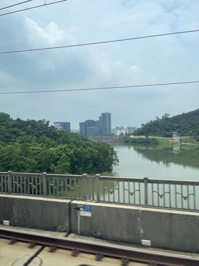 A horizontal, eye-level, outdoor, slightly blurred, medium shot captures a view from a train of a body of water with buildings and trees in the background, and a bridge in the foreground. The water is a muted green, and its surface is calm with reflections. A small, square, concrete building with a dark roof sits on the bank of the water on the right side of the frame. Behind the water, a hill covered in lush green trees rises, with several tall, modern buildings with darker facades visible above the treeline. To the left of the water, another hill is covered with dense trees. The sky above is overcast with some diffused light. In the foreground, a concrete barrier separates the train tracks from the bridge railing. The railing is made of grey metal with decorative vertical bars. The train tracks are visible at the bottom of the frame.