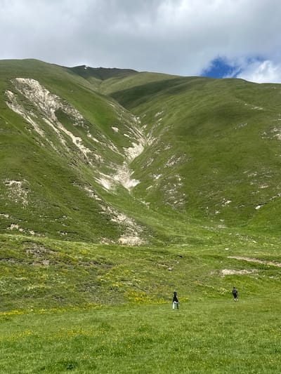 The image depicts a vast, undulating green mountainside under a cloudy sky with patches of blue. The terrain is primarily covered in lush green grass, with a prominent scar of lighter-colored earth and rocks running diagonally down the slope from the upper left. In the foreground, a meadow is dotted with small yellow flowers. Two individuals are walking across the meadow. The person on the left is wearing a dark top and light-colored pants, carrying a bag. The person on the right is wearing a dark backpack and dark pants. The scene is set in an open, natural environment, likely in the mountainous region surrounding Ketrisi, Georgia.