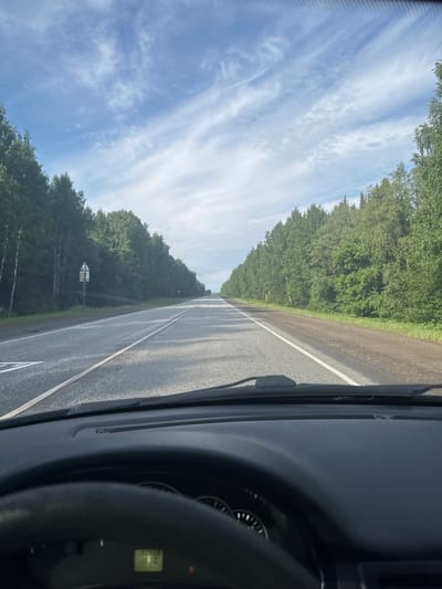 The image captures a first-person view from inside a vehicle, looking straight ahead at a paved road extending into the distance. The perspective is slightly angled towards the right, revealing parts of the car's interior.

The scene depicts a rural or highway setting with a two-lane road, marked by a solid white line on the right shoulder and a broken white line separating the lanes. Dense, verdant forest borders both sides of the road, creating a natural green tunnel effect. The sky above is a clear blue, adorned with wispy white cirrus clouds, indicating fair weather. Shadows are cast across the road surface from the left side, suggesting the position of the sun.

On the right side of the frame, parts of the vehicle's dashboard, steering wheel, and windshield pillar are visible. A small, rectangular digital display on the dashboard shows faint, mostly illegible numbers, possibly indicating mileage or trip information. A small, light-colored road sign, partially obscured by trees, can be seen on the left side of the road in the mid-distance.

The image portrays a daytime drive, likely during morning or afternoon given the bright sunlight. The activity is travel by car through a forested landscape. The location context indicates this journey is taking place near Усть-Сыны, Russia.