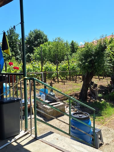 The image depicts an outdoor scene, likely a backyard or garden area, under a clear blue sky. A green metal railing with some rust is visible in the foreground, leading up a short set of stairs. To the left, a dark grey trash bin is positioned on a concrete surface. Further back, there is a small stone structure with a water faucet and a blue plastic barrel on a black stool. The background is filled with lush green trees and foliage, suggesting a rural or suburban environment. A chain-link fence runs through the middle ground, separating the immediate area from the densely vegetated backyard. In the far distance, the roof of a building with red tiles is visible. A yellow rope or hose is strung across the scene, connecting to various elements. The overall impression is one of a functional, somewhat cluttered outdoor space.