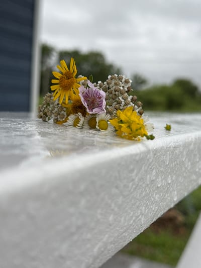 A bouquet of wildflowers is placed on a wet, white surface, possibly a railing or table, with raindrops visible on its texture. The flowers include yellow, white, and purple varieties. In the background, a dark blue building and green foliage are blurred. The sky is overcast. The image appears to be taken outdoors. The provided context about Vozdvijenka, Russia, cannot be verified from the image content.