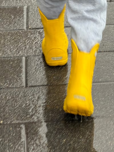 In Bobrovo, Russia, a person walks in yellow rubber boots on a wet, tiled sidewalk. The boots are tall, reaching up to the calf, and are a bright yellow. The person is wearing grey pants that cover the lower legs. The ground is tiled with rectangular, dark grey tiles, and there are visible puddles and water on the surface, suggesting recent rain or wet conditions. The image is taken from a low angle, focusing on the lower legs and feet of the person walking. The motion blur indicates the person is in motion.