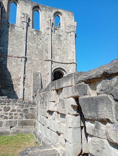 This is a medium shot of the remains of the Walkenried Abbey cloister wall in Walkenried, Germany. The wall is constructed of large, rough-hewn stone blocks, some of which are weathered and show signs of age. The stone is predominantly grey, with variations in color and texture. The wall is partially collapsed, with sections missing and rubble scattered around the base. In the background, a portion of a larger stone structure with arched openings is visible. These openings reveal a clear blue sky. The ground in front of the wall is covered with dry, yellowed grass and some smaller stones. The lighting suggests a bright, sunny day. There are no people or animals visible in the image.