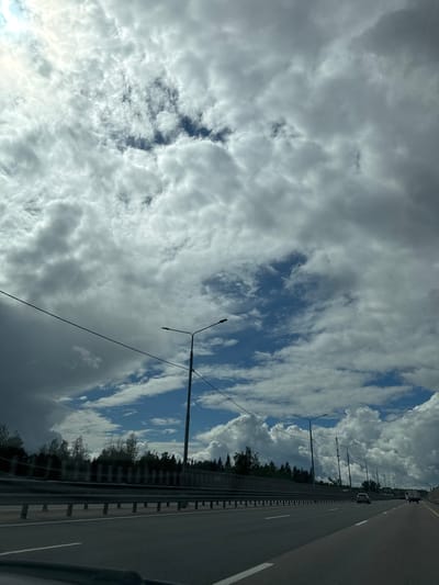 The media file shows a view from a moving vehicle on a highway in Davydovskoe, Russia. The image is oriented vertically, with the road occupying the right side and the sky filling the majority of the frame on the left. On the right, the highway is paved and has white lane markings. A metal guardrail runs along the edge of the road, separating it from a densely wooded area on the left. Several lampposts are visible along the roadside, some with attached electrical wires. In the distance, a few vehicles, including a truck and a car, are traveling on the highway.

The sky is filled with a dramatic display of clouds. Large, fluffy cumulus clouds are interspersed with darker, more ominous storm clouds. Patches of blue sky are visible between the clouds, suggesting a dynamic and possibly changing weather pattern. The lighting suggests it is daytime, likely late morning or early afternoon, given the brightness and the shadows cast. The overall mood is one of travel and observation of the natural elements. No people are clearly visible, and no text is discernible in the image.