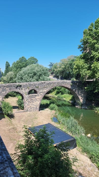 This is a vertical, eye-level, wide shot of a stone aqueduct in Sant Joan Les Fonts, Spain. The aqueduct is old and made of roughly cut stones, with several arched openings. It crosses over a small, greenish-brown river. Lush green trees surround the aqueduct and the riverbank, with dry, tan ground visible in some areas. A black tarp covers a triangular structure on the right side of the riverbank, with green bushes growing in front of it. The sky is a clear, bright blue, suggesting it is daytime and fair weather. There are no people visible in the image, and no text is present. The scene evokes a sense of history and nature, with the ancient aqueduct blending into the natural landscape.