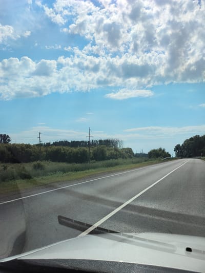 The image shows a view from inside a vehicle traveling on a paved road. The road has a white line marking the center and the right edge. The road is wet in patches, suggesting recent rain. On either side of the road, there is a grassy verge and then a dense line of trees and bushes. In the background, there are power lines supported by utility poles. The sky is blue with scattered white clouds. The scene appears to be in a rural or suburban area. The location is identified as Pokrovka, Russia.