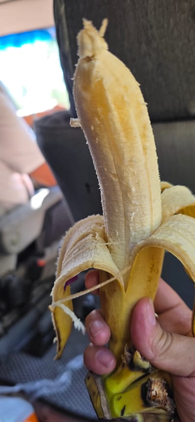 A close-up, vertical shot shows a person's hand holding a partially peeled banana. The banana is yellow and appears to be soft, with some brown spots on the skin. The person's thumb and index finger are visible, gripping the stem end of the banana. The background is blurred, but appears to be the interior of a vehicle, with a glimpse of a blue sky and some greenery through a window. The scene is likely in Sasyk-Bulak, Kyrgyzstan.