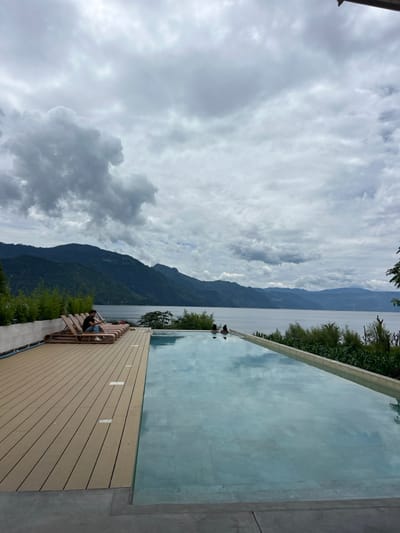 A scenic shot displays a mountainside landscape meeting a large body of water under a cloudy sky. The foreground features an infinity pool with clear water reflecting the sky. A wooden deck extends alongside the pool. A person sits on a bench enjoying the view. Green foliage lines the edge of the deck and pool area, adding a touch of natural beauty to the scene.