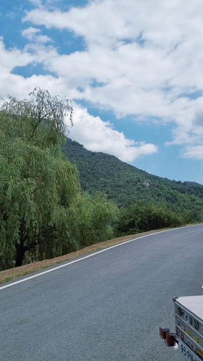 The image depicts a view of a mountain covered in lush green trees, with a road curving towards the right in the foreground. A weeping willow tree with dense foliage is situated on the left side of the frame. The sky is blue with scattered white clouds. A small, light-colored structure is visible on the mountainside. In the lower right corner, the rear of a silver trailer is partially visible, displaying several stickers and a license plate that reads "93-PN-". This scene is located in the municipality of Camprodon, Spain, in the Girona province, which is known for its mountainous terrain and natural beauty.