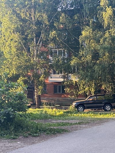 This image depicts a street scene in Ridder, Kazakhstan, bathed in the warm glow of what appears to be late afternoon or early morning sunlight. A dark-colored car is parked on the side of a paved road, which runs alongside a strip of vibrant green grass and foliage. The car is positioned vertically in the image, suggesting the photo was taken with the camera rotated.
Behind the car and the green verge, a multi-story brick building is partially visible, peeking through a dense canopy of lush green trees. The building's architecture, with its brickwork and visible windows, suggests it might be an older residential or commercial structure. The trees, with their prominent trunks and full foliage, dominate the left side of the frame, casting shadows and dappling the scene with sunlight. Some of the tree trunks are light-colored and appear smooth, hinting at birch or aspen trees.
The overall impression is one of a quiet, possibly suburban or rural setting in Kazakhstan, characterized by the interplay of natural elements like trees and sunlight with man-made structures. There is no visible text in the image. The weather appears to be clear, contributing to the bright and sunny atmosphere. The scene is devoid of people, emphasizing the still, observational nature of the photograph.