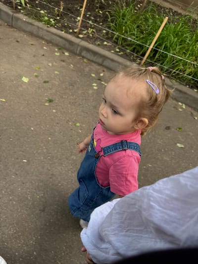 The image depicts a young child walking on a paved path with scattered leaves. The child, with blonde hair tied in a ponytail with a purple clip, wears a pink t-shirt and denim overalls. The child is looking to the left, away from the camera. A person's arm, draped in white fabric, is visible in the lower right corner, holding the child's hand. In the background, there is a garden bed with green grass and thin wooden stakes, bordered by a concrete curb. The scene appears to be an outdoor setting in Ekoposelok, Russia, likely a park or residential area.