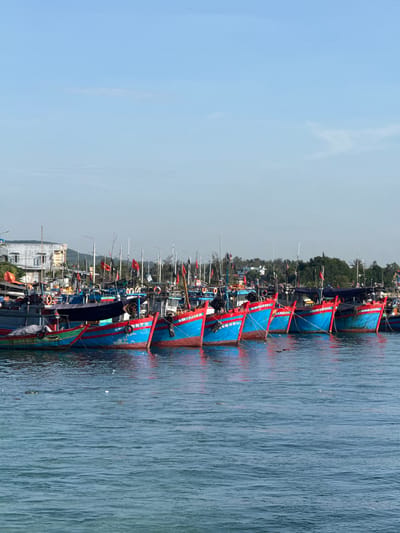The image depicts a harbor scene in An Hai, Vietnam. A fleet of brightly colored fishing boats, primarily painted in vibrant blues and reds, are moored side-by-side in the calm, blue water. The boats are uniformly designed, with pointed bows and high sterns, and many are adorned with red Vietnamese flags. In the background, a cluster of buildings, including a white multi-story structure, are visible, along with lush green trees and a clear, pale blue sky. The overall atmosphere is one of peaceful maritime activity, with the boats appearing ready for or returning from a fishing expedition. There are no people visible in the frame, and the focus is on the static display of the boats and the surrounding environment.