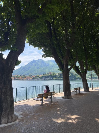 The image depicts a scene in Lecco, Italy, with a focus on the shoreline of Lake Como. The foreground is dominated by large, mature trees lining a cobblestone walkway. A woman is seated on a wooden bench, positioned between the trees and a green metal railing separating the walkway from the lake. In the background, across the lake, is a mountainous landscape with a small village nestled along the shoreline. The sky is partially visible through the trees, exhibiting a combination of blue sky and light clouds.
