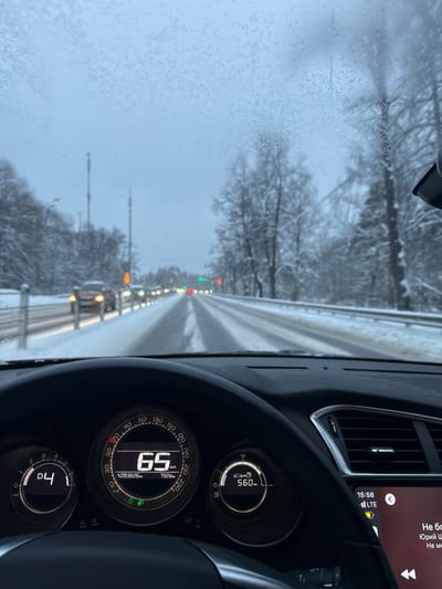 The image provides a forward view from the driver's perspective inside a vehicle on a snow-covered roadway in Lesnoy Gorodok, Russia. The windshield is partially obscured by a pattern of frozen precipitation. The multi-lane road ahead exhibits partially cleared asphalt with visible tire tracks, flanked by significant snow accumulation on the shoulders and a central median barrier. Bare, snow-laden trees line both sides of the road. Several vehicles with illuminated headlights and taillights are visible in the distance, traveling in both directions. Distant traffic signals display both red and green lights. The vehicle's dashboard is prominent in the foreground. The digital instrument cluster displays a current speed of 65 km/h, an odometer reading of 109,382 km, and a trip meter of 792.8 km. The transmission is engaged in 'D4', and the low beam headlight indicator is illuminated. A remaining range of 56.0 km is also indicated. To the right of the dashboard, an infotainment screen displays the time as 15:58, "LTE" network status, and partially visible Russian text, likely indicating media information. No individuals are visible within the frame.