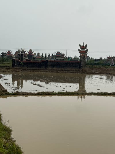 The scene is located in Đông Hà Ward, Vietnam, under an overcast sky. The foreground features a vast expanse of muddy, brown water, consistent with a flooded rice paddy, which reflects the structures in the background. A dark stone wall, constructed from block-like segments, spans horizontally across the midground, delineating the boundary of a cemetery. Behind this wall, numerous ornate Vietnamese tombs or mausoleums are visible, characterized by multi-tiered, red and yellow roofs with intricate decorative motifs. A distinct, taller gateway or monumental tomb, featuring a similar ornate, multi-tiered roof, stands on the right side of the wall, its reflection clearly cast upon the water. Multiple indistinct human figures are discernible within the cemetery grounds behind the wall, with one individual in light clothing appearing to walk towards the right. Sparse green vegetation grows along the immediate edge of the flooded field on the left and interspersed among the tombs. Faint power lines are visible against the uniformly gray sky in the upper right quadrant.
