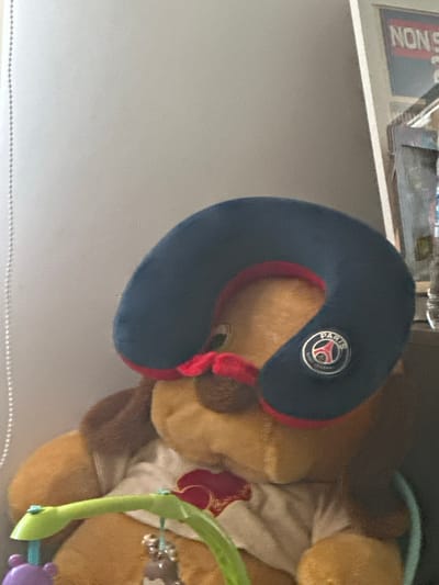 This media file displays a close-up, rotated view of a plush toy and a travel pillow. The primary subject is a large, light brown plush toy that appears to be a teddy bear or similar creature. It is wearing a light-colored garment, possibly a shirt or dress, with a decorative red element on its chest. The toy is partially obscured by a dark blue U-shaped travel pillow with a red trim. The travel pillow features a circular emblem with the text "PARIS SAINT-GERMAIN" and a silhouette of the Eiffel Tower, indicating it is likely merchandise related to the Paris Saint-Germain football club.

The plush toy has some dangling accessories attached, including a green plastic arm-like object and other small, possibly metallic, items that resemble charms or beads. A small purple toy or attachment is visible at the bottom right.

In the background, a portion of a framed item with text is visible at the top left. The visible text reads "MONS" in large, bold letters. The overall setting appears to be indoors, possibly a shelf or a table surface, given the presence of the framed item. The lighting suggests it is daytime, but no specific time can be determined. There are no clear indications of weather or a specific location within Madara, Bulgaria, beyond the possible context implied by the provided location. The image does not convey any specific emotion or activity beyond the static presentation of the objects.