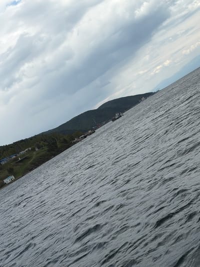 The image depicts a waterfront scene in Port Baikal, Russia. A body of water, presumably Lake Baikal, fills much of the right half of the frame, its surface textured with ripples. The shoreline, densely populated with buildings and greenery, curves diagonally upwards from the bottom center towards the upper left, where a mountain ascends. The sky, featuring gray and white clouds, occupies the top left corner of the image.