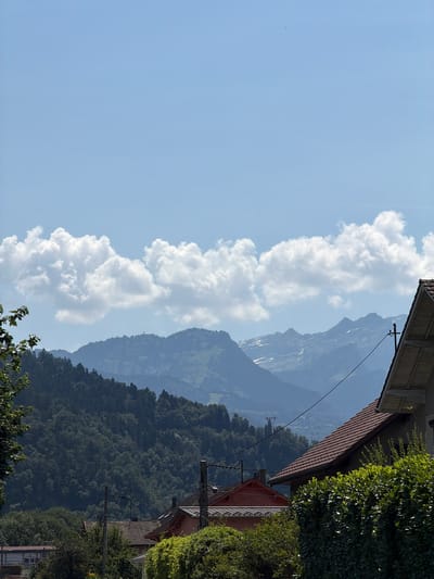 The image depicts a mountain landscape with a village nestled in the foreground, under a clear blue sky with scattered white clouds. The scene is oriented vertically, with the sky occupying the left half of the frame and the mountains and village on the right.
In the foreground, parts of houses with red tiled roofs and some greenery are visible. Power lines and poles run across the scene, indicating the presence of infrastructure in the village. Behind the village, rolling hills covered in dense green forest rise up. Further in the background, majestic mountains are visible, their peaks partially obscured by haze. Some snow patches can be seen on the higher slopes of the mountains.
The lighting suggests it is daytime, likely mid-morning or afternoon, with bright sunlight illuminating the scene. The weather appears to be fair, with a few fluffy clouds contrasting against the vast blue sky. The overall impression is one of a serene, picturesque mountain setting, possibly in the Alps, given the mountainous terrain and the architectural style of the houses. No people are visible in the image, and there is no visible text.