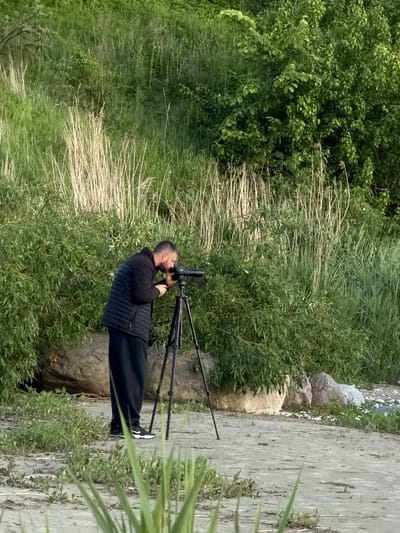 In the city of Haabneeme alevik, Estonia, a man stands on a sandy shore with tall green vegetation behind him. He is wearing a black puffy jacket and black pants, and is looking through a spotting scope mounted on a tripod. The scope is pointed towards the vegetation. The ground is covered in sand and small green plants. Large rocks are visible in the background, partially covered by the greenery.