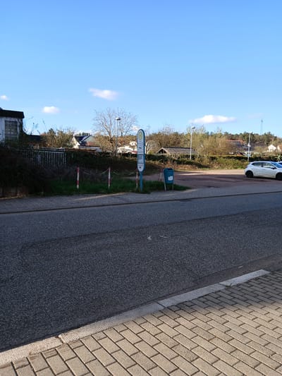 This image depicts an outdoor street scene in Homburg, Germany, specifically at a bus stop on Hermannstraße.

In the foreground, a gray asphalt road occupies the center, bordered on the right by a textured gray curb and a light-colored rectangular paved sidewalk. A blue and white bus stop sign, marked with an "H" and "Stadt Homburg, Hermannstraße," stands upright on this sidewalk. To its immediate left, a blue cylindrical trash bin is partially visible. Further left, two red and white striped poles, connected by a chain, mark a grassy verge adjacent to an overgrown embankment.

The mid-ground behind the bus stop and embankment features a dirt and gravel area, likely an unpaved parking lot, where a white five-door hatchback vehicle is parked on the far right, facing left. The background consists of several residential buildings with varying roof styles interspersed among a dense line of trees, some bare and deciduous, others evergreen. Multiple streetlights are visible throughout the background. A tall, thin blue mast or antenna structure is discernible above the distant tree line on the right. The sky is clear and blue with scattered small white clouds. No individuals or specific actions are depicted.