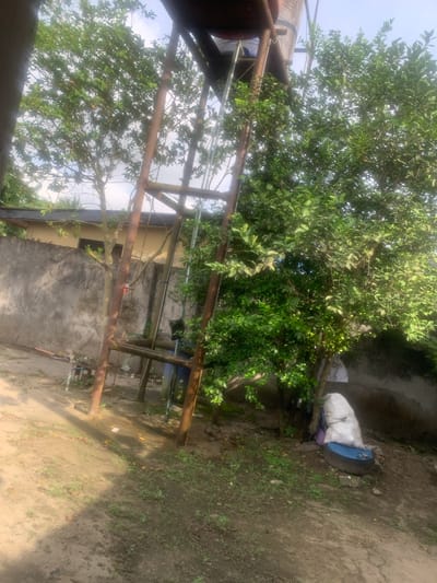 An outdoor scene depicts a water tank elevated on a rusty metal structure with a ladder leading up to it. A dense tree with lush green leaves is situated to the right of the structure, partially obscuring the view of a concrete wall in the background. The ground is covered with dirt and scattered leaves, with some patchy vegetation. A white sack and a blue tire are placed near the base of the tree. The overall impression is one of a somewhat unkempt, possibly residential, outdoor area. The provided information places the location in Eliozu, Nigeria.