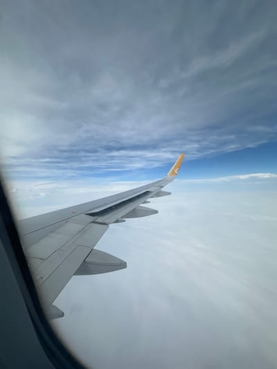 An aerial view from an airplane window shows the wing of a Pegasus Airlines aircraft extending diagonally across the frame from the lower left to the upper right. The wing is gray and shows various panel lines and rivets. The wingtip is adorned with a distinctive orange color and the Pegasus Airlines logo.
Below the wing, a dense layer of white clouds stretches out to the horizon, appearing soft and undulating. Above the clouds, the sky transitions from a pale blue near the horizon to a deeper blue further up. Wispy, thin clouds are scattered across the sky, creating a textured appearance.
The scene is captured through an airplane window, indicated by the dark, curved frame visible on the left side of the image. The overall impression is one of being high above the Earth, surrounded by a vast expanse of sky and clouds. The image does not depict any specific location in Surcin Urban Municipality, Serbia, as it is an aerial shot of clouds and an airplane wing.