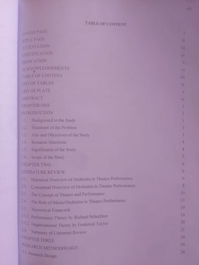 The image displays a table of contents from a document. The table of contents is organized with main headings and subheadings, each accompanied by a page number. The headings include sections such as "COVER PAGE", "TITLE PAGE", "ATTESTATION", "CERTIFICATION", "DEDICATION", "ACKNOWLEDGEMENTS", "TABLE OF CONTENT", "LIST OF TABLES", "LIST OF PLATE", "ABSTRACT", "CHAPTER ONE", "CHAPTER TWO", and "CHAPTER THREE". Subsections are detailed under each chapter. The page numbers are presented in Roman numerals for the initial pages and Arabic numerals for the subsequent sections. The text is clear and legible. There is no information within the image that indicates a location in Magajin Gari, Nigeria, or any details about people, actions, or interactions. The image solely contains the text of a table of contents.