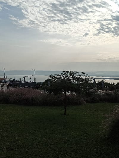 A scenic view showcases a serene body of water under a sky filled with scattered clouds. Dock-like structures extend into the water. A tree stands in the foreground, accompanied by bushes on its right. Lush green grass occupies the foreground, contrasting with the distant horizon line.