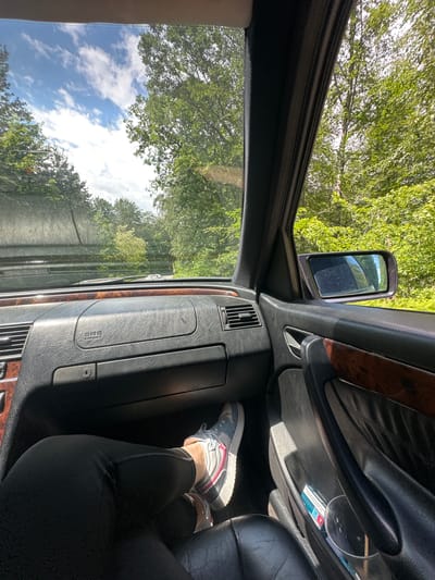 The image shows the interior of a car, specifically the passenger side. A person wearing black leggings and gray and white sneakers with red accents has their legs extended, possibly resting on the dashboard. The dashboard is black with wood trim. The exterior is visible through the car windows, showing trees and sky. The car appears to be on a road surrounded by greenery, possibly a rural or wooded area. There is no information about Panichkovo, Bulgaria in this image.