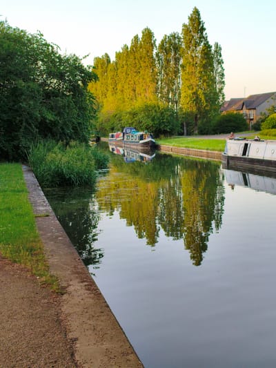 The image depicts a tranquil canal scene in Milton Keynes, United Kingdom, bathed in the warm light of what appears to be late afternoon or early evening. The canal itself is calm, reflecting the tall, slender trees that line its banks, their vibrant green foliage illuminated by the sun. On the left bank, a narrow concrete path runs alongside the water, bordered by lush green grass. Further inland, dense, dark green trees create a thick canopy.
Two narrowboats are moored in the canal. The boat on the right is predominantly white with a green trim and a single person visible on its deck, appearing to be resting or observing the surroundings. The boat on the left is dark blue with colorful accents and is moored slightly further down the canal. The background reveals residential buildings, with pitched roofs and visible windows, nestled behind the trees, suggesting a suburban or semi-rural setting within Milton Keynes. The sky is a pale, clear blue, indicating fair weather. The overall impression is one of peaceful coexistence between nature and habitation.