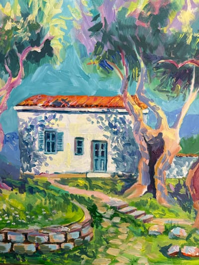This is an oil painting of a small, white house with a red tile roof, nestled amongst lush green foliage and trees. The house has blue shutters on its windows and a blue door. A stone path with stepping stones leads to the house through a grassy yard with scattered wildflowers and a low stone wall. The painting features vibrant colors and an impressionistic style, with visible brushstrokes. The background is a blur of blues and greens, suggesting a natural landscape. The overall impression is one of a serene, rural setting.