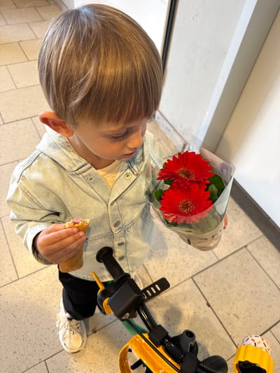 A young child, likely between the ages of 3 and 5, is standing on a tiled floor. The child is holding a small cone-shaped pastry in one hand and a bouquet of two red gerbera daisies wrapped in clear plastic in the other. The child is wearing a light blue denim jacket over a pale shirt, dark pants, and white sneakers. Next to the child is a black and yellow tricycle. The tiled floor appears to be indoors, possibly in a public building. Although the location is Riedlingen, Germany, there is no specific visual information to confirm the precise location within the city.