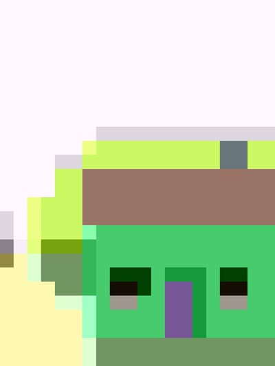 The image depicts a pixelated green house with a brown roof. It has two dark windows with grey accents, a purple door, and a grey chimney. The foreground is a muted green. The background is a gradient of light yellow to white, and there are some overlapping squares of light green and grey that create an atmospheric effect. The image's location is unspecified; Mountain View, United States of America, is not identifiable within the visual information provided.