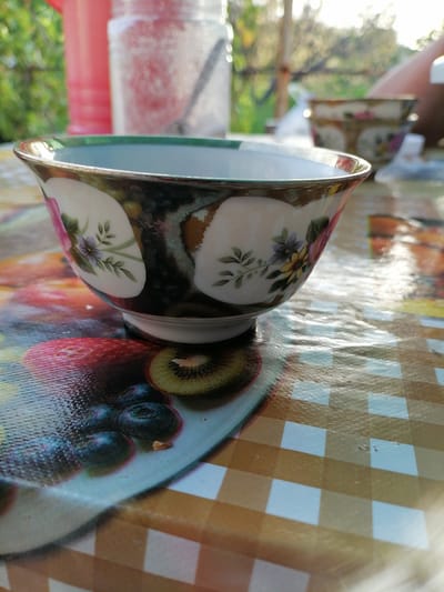 A close-up, eye-level, outdoor shot captures a decorative ceramic bowl sitting on a table covered with a checkered tablecloth and a fruit-patterned placemat. The bowl features a floral design with pink, purple, and yellow flowers and green leaves. In the background, out of focus, a pink container and a glass jar filled with a white granular substance are visible. The scene suggests a domestic setting, possibly in Gumbaz, Uzbekistan.